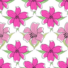 Flat seamless pattern with lily flower Purple Hand Draw Vector Ilustration - minimalist style