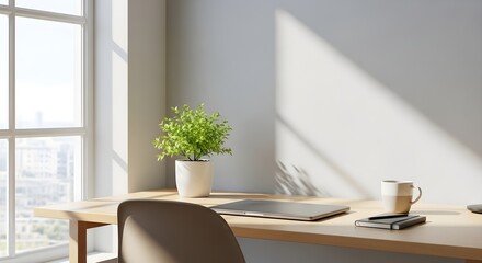 Bright and sunny home office setup with a laptop, plant, and coffee mug on a wooden desk by a window, creating a calm and productive workspace ideal for remote work and online learning.