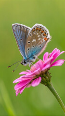 Obraz premium Blue brown butterfly pink flower insect wings