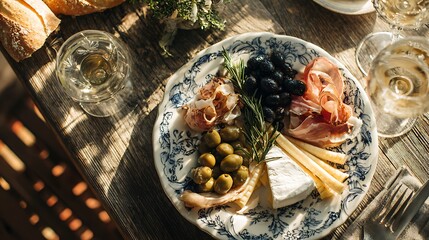 Delicious charcuterie board with cheese olives prosciutto and white wine perfect for entertaining friends