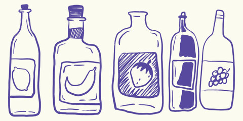 Italian style Drink Bottles hand drawn vector illustrations in grunge chalk or charcoal rough doodle sketch style.