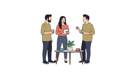 Diverse Business Team Collaborating During Coffee Break, Discussing Project Strategy and Planning, Perfect for Illustrating Workplace Communication and Team Dynamics.