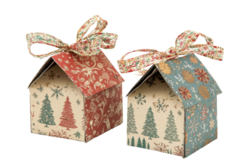 Decorative house shaped gift boxes with bows isolated on transparent background.