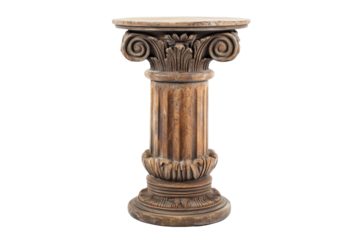 Antique stone pedestal with ornate carvings isolated on transparent background. Classic roman column pedestal with intricate detailing and a weathered patina finish isolated on white background.