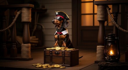Pirate Dachshund on treasure chest for Halloween, pet party, or themed event. Funny pirate dog photography. Pet costume, Halloween pet, funny pets concept.