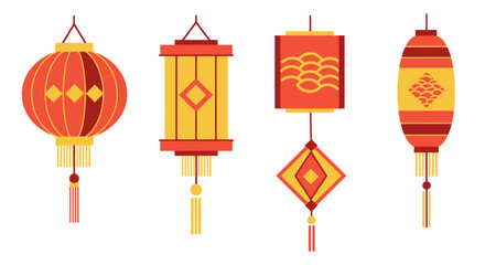 Four Decorative Chinese Lanterns with Traditional Designs on a White Background, Ideal for Lunar New Year Celebrations and Cultural Event Decorations.