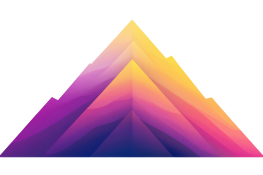 Abstract geometric mountain peak with gradient colors isolated on transparent background. Colorful gradient pyramid abstract design with pink purple and yellow hues isolated on white background.