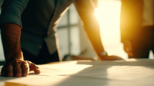 Team Collaboration on Project Plans with Warm Sunlight Background