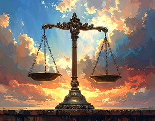 Ornate scales of justice against sunset