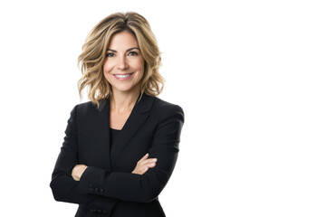 Obraz premium Confident businesswoman with arms crossed isolated on transparent background. Confident businesswoman in suit with arms crossed and smiling isolated on white background.