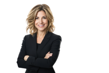 Confident businesswoman with arms crossed isolated on transparent background. Confident businesswoman in suit with arms crossed and smiling isolated on white background.