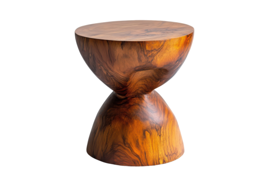 Rustic wooden hourglass shaped stool isolated on transparent background. Contemporary wooden stool featuring a round top with a natural wood grain isolated on white background.