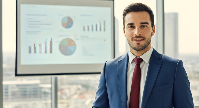 Confident businessman in sharp blue suit presents growth charts and pie graphs on projection screen in modern office with city view