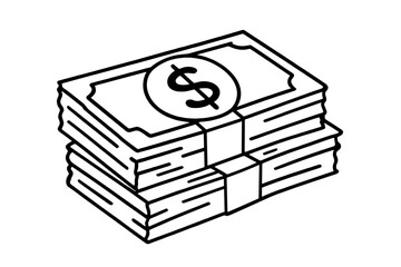 Pile of dollar bills vector line art. Stack of money doodle illustration. Cash, currency, and payment concept. Finance, wealth, savings, and investment graphic icon.