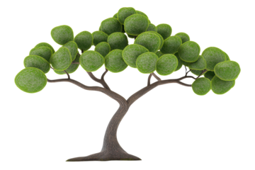 Stylized miniature green tree isolated on transparent background. Delightful cartoon tree featuring round puffy green leaves and a minimalistic style isolated on white background.