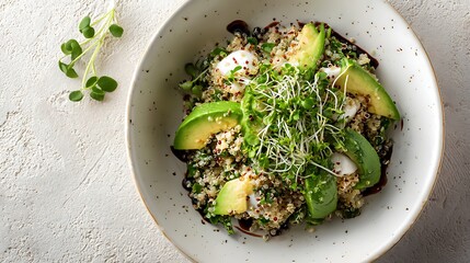 Delicious quinoa salad with avocado and sprouts a healthy and vibrant vegan food bowl presentation close up