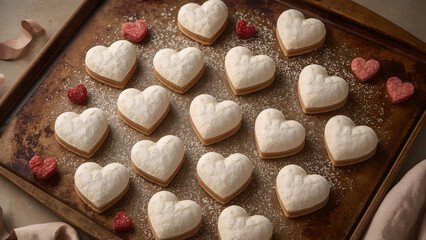 Heart-shaped cookies dusted with powdered sugar, perfect for Valentine's Day.