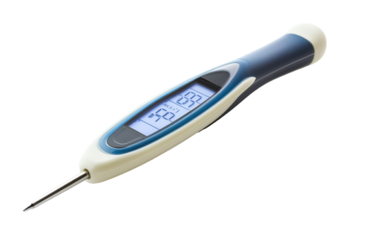 Digital thermometer with illuminated screen isolated on transparent background. Digital medical thermometer with an LCD display designed isolated on white background.