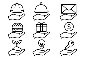 Hand offering icon set. Vector line art for business services. Includes giving money, food, gifts, ideas, safety helmet, mail, plant growth, and key for solution concepts.