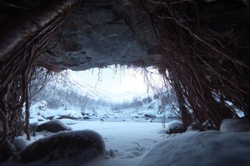Frozen winter cave opening to snowy valley