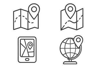 Location and map icon set. GPS navigation pin for direction and route finding. Pointer on smartphone and globe for travel and destination concept. Simple outline vector icons.