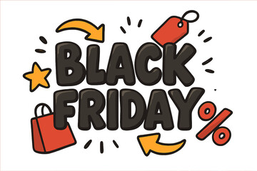 Black Friday sale banner. Vector cartoon lettering for advertising poster. Retail promotion design with shopping bag, price tag, percent sign. Discount special offer illustration.