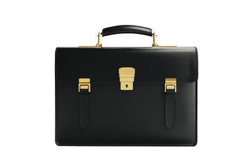 Classic black leather briefcase with gold hardware isolated on transparent background. Black briefcase with gold clasps and a sleek handle isolated on white background.
