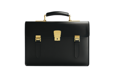 Classic black leather briefcase with gold hardware isolated on transparent background. Black briefcase with gold clasps and a sleek handle isolated on white background.