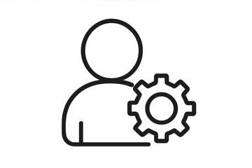 Profile user settings icon, person with gear outline symbol, account management, configuration, preferences, technical support, admin access, control panel, system options, vector line illustration