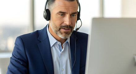 Professional businessman with headset actively listening and speaking at his computer in a modern office environment, providing excellent customer support.