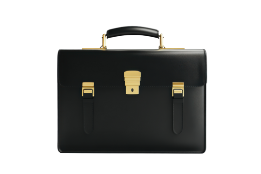Classic black leather briefcase with gold hardware isolated on transparent background. Black briefcase with gold clasps and a sleek handle isolated on white background.