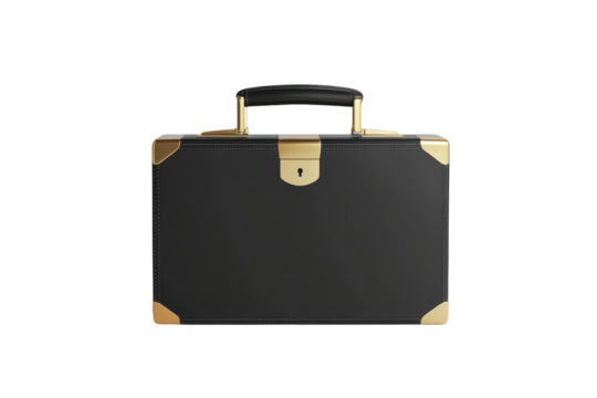 Classic black leather briefcase with gold hardware isolated on transparent background. Black briefcase with gold clasps and a sleek handle isolated on white background.