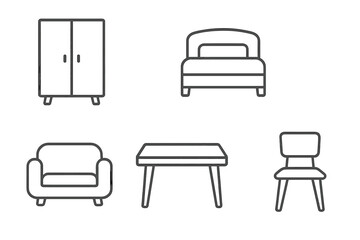 Furniture line icon set. Minimalist outline vector symbols. Collection of wardrobe, bed, armchair, table, chair signs for interior design, app, website, UI, UX pictogram.