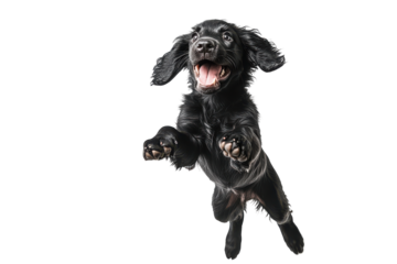 Energetic black poodle dog jumping in the air isolated on transparent background.