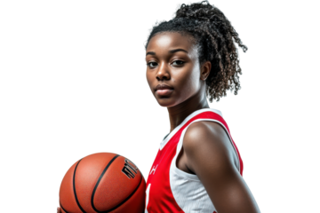 Young african american woman basketball player holding ball isolated on transparent background. Female african basketball player in red and white uniform holding a ball isolated on white background.