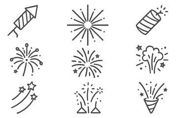 Fireworks line icon set. Celebration, New Year, 4th of July party concept. Firecracker, rocket, sparkler, salute and explosion symbols. Vector outline pictogram collection.