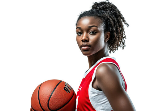Young african american woman basketball player holding ball isolated on transparent background. Female african basketball player in red and white uniform holding a ball isolated on white background.