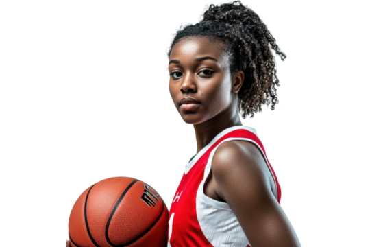 Young african american woman basketball player holding ball isolated on transparent background. Female african basketball player in red and white uniform holding a ball isolated on white background.