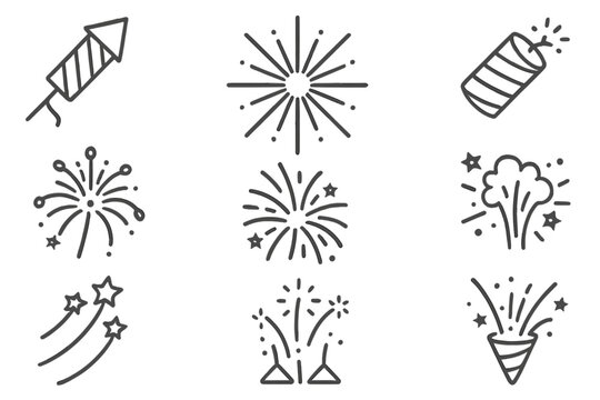 Fireworks line icon set. Celebration, New Year, 4th of July party concept. Firecracker, rocket, sparkler, salute and explosion symbols. Vector outline pictogram collection.