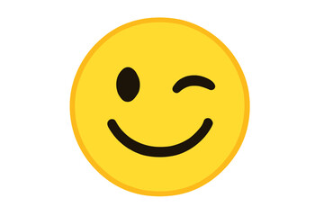 Winking face emoticon. Vector emoji icon. Wink and smile. Happy yellow smiley. Concept of fun, joy, flirting, kidding. Friendly positive emotion. Chat symbol. Cute cartoon.