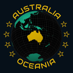 Australia on Globe. Round country and continent name text. Country view on world map in Black Emerald color palette. Australia shape on map. Awesome vector illustration.