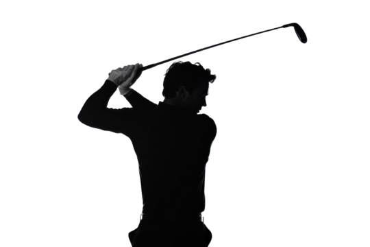 Silhouette of a golfer swinging a club isolated on transparent background. Golfer in ready to swing pose on isolated on white background.