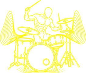 Drummer playing with drum set and cymbals line art vector graphic.