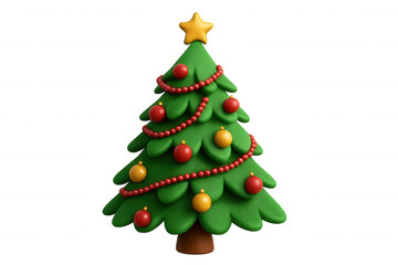 Fototapeta premium Green 3d christmas tree with star and festive ornaments on transparent background, celebrating holiday season