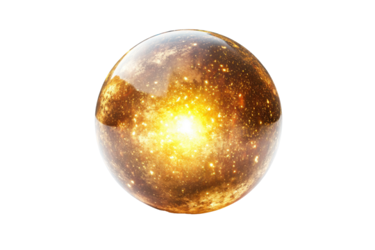 Glowing golden orb with inner light isolated on transparent background. Glowing golden crystal ball emitting a mystical light isolated on white background.