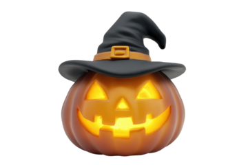 Glowing halloween pumpkin with witch hat isolated on transparent background. Glowing halloween pumpkin carved isolated on white background.