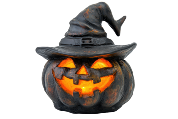 Glowing halloween pumpkin with witch hat isolated on transparent background. Glowing halloween pumpkin carved isolated on white background.