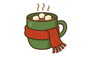 Hot chocolate in a green mug with a red knitted scarf. Cozy winter concept with marshmallows. Vector illustration for Christmas, holidays. Hot cocoa drink for a cold day.