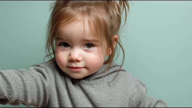 Adorable Little Girl Pointing Her Finger Directly at the Camera.