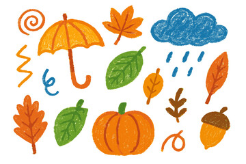 Hand drawn autumn doodle set. Colorful fall collection with pumpkin, umbrella, leaves, cloud, rain, and acorn. Childish crayon or charcoal drawing style for kids. Naive vector.